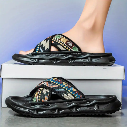 Men'S Summer Casual Sandals - Slip-On Embroidered Sandals Tpr Sole Sandals