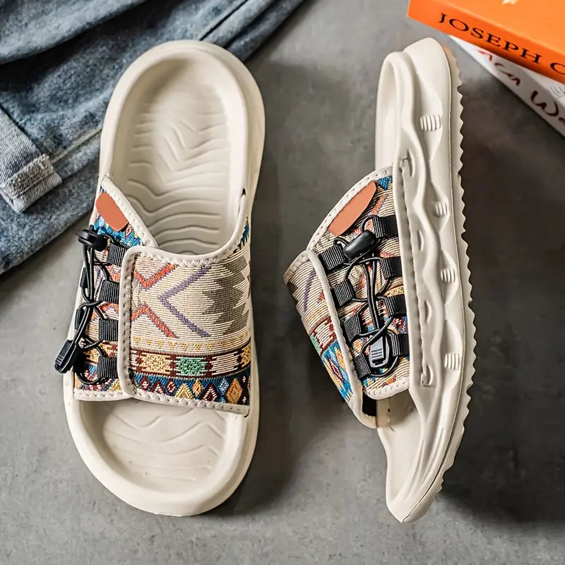 Men's Slip-On Sandals with Colorful Geometric Pattern - Soft EVA Sole
