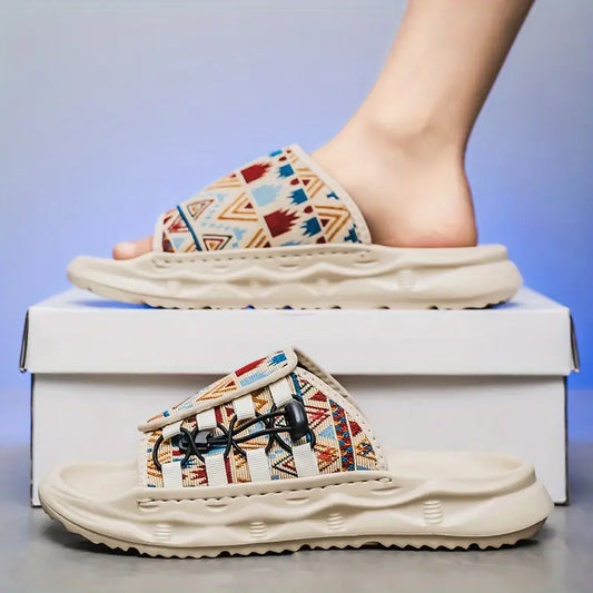 Men'S Stylish Slip-On Sandals - Comfortable Beach Shoes with Vibrant Geometric Pattern