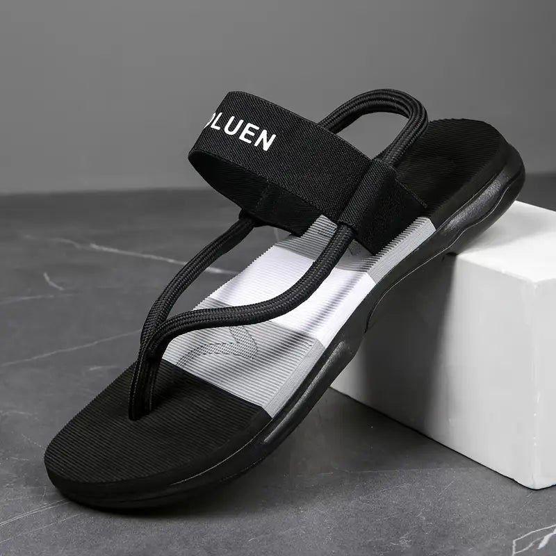 Men's Casual Flip Flops with Bold Letter Print & Striped Design - Durable Fabric Upper